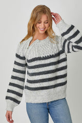 Stripe Zip Collar Pullover Sweater Light Grey Mix