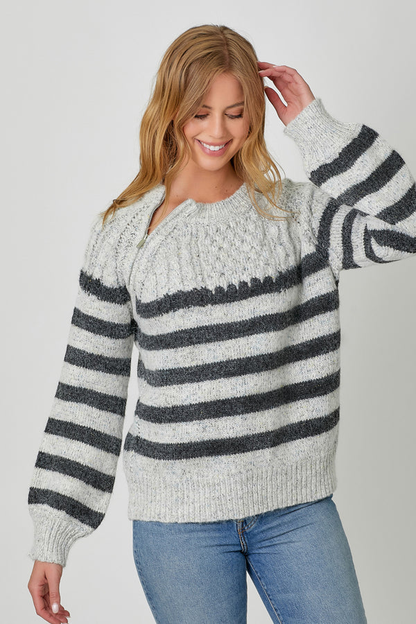 Stripe Zip Collar Pullover Sweater