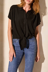 Collared Button Details Tie Front Short Sleeve Top Black