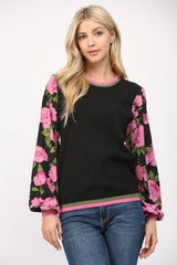 Contrast Floral Sleeve Crew Neck Sweater Black