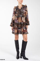 Patchwork Print Ruffle Long Sleeve Mini Tiered Dress Multi Brown