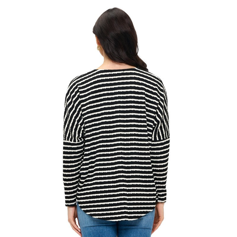 Dolman Zipper Top Black Ivory Textured Stripe