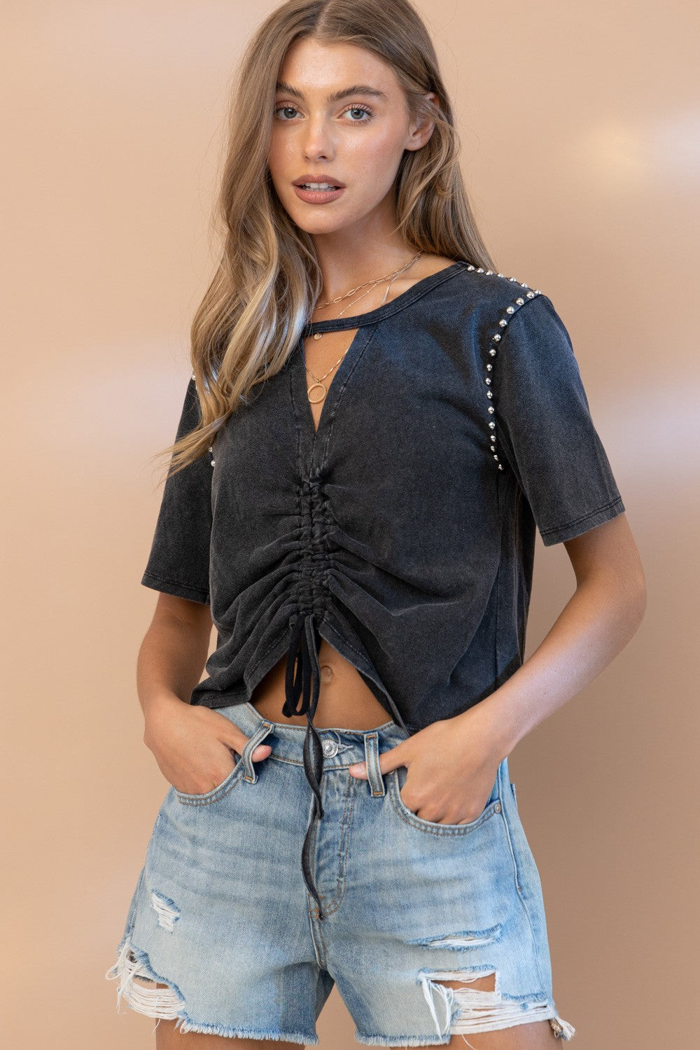 Ruched Tie Front Keyhole Studded Tee Black