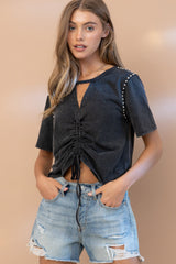 Ruched Tie Front Keyhole Studded Tee Black