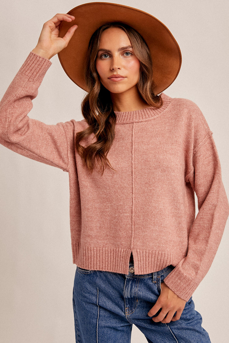 Front Bottom Slit Crew Neck Sweater Top Pink