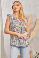Ruffle Cap Sleeve Floral Print Aztec Emb. Top Teal + Rust