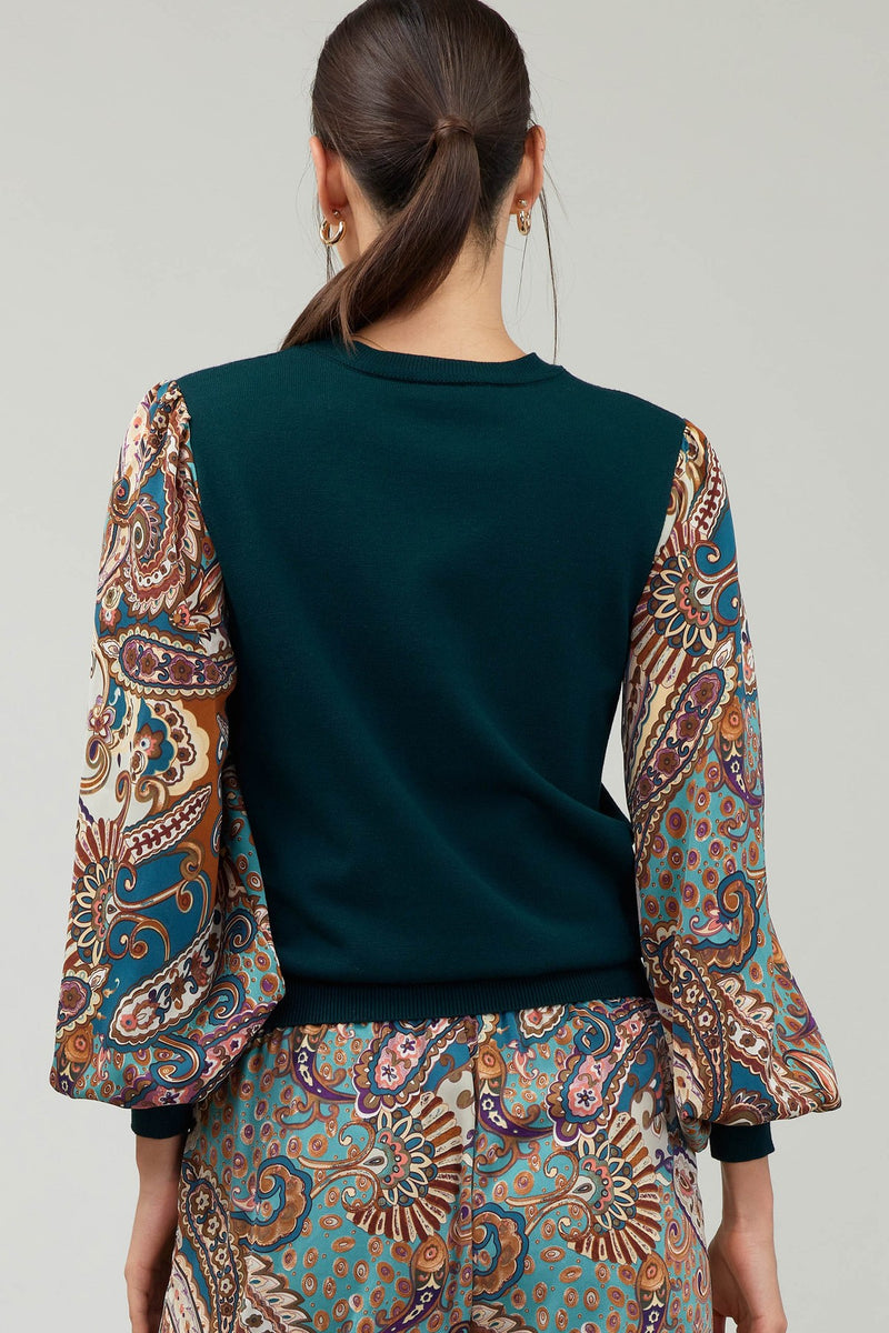 Paisley Printed Sleeve Sweater Top Green Multi