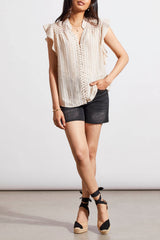 Frill Sleeve Mix Media Sleeveless Blouse French Oak