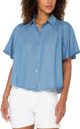 Half Sleeve Button Front Shirred Woven Blouse Delwood