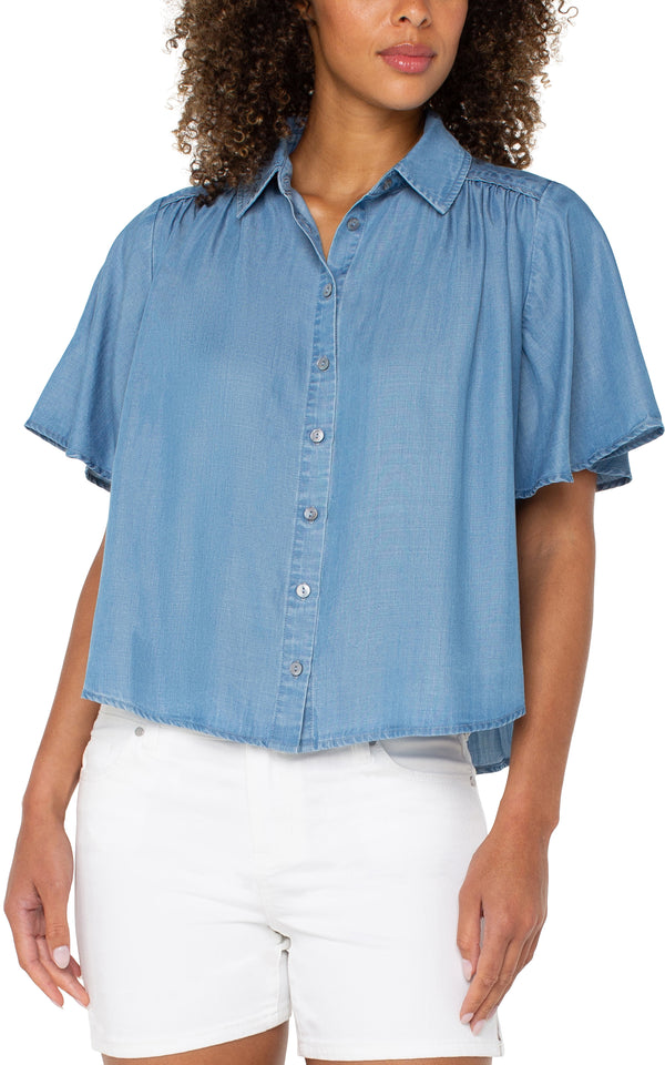 Half Sleeve Button Front Shirred Woven Blouse Delwood