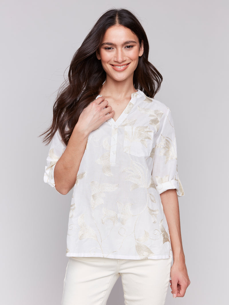 Metallic Embroidered Vines Rolled Sleeve Blouse Gold
