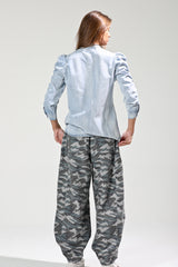 Shirring Detail Washed Button Down Denim Top Light Denim