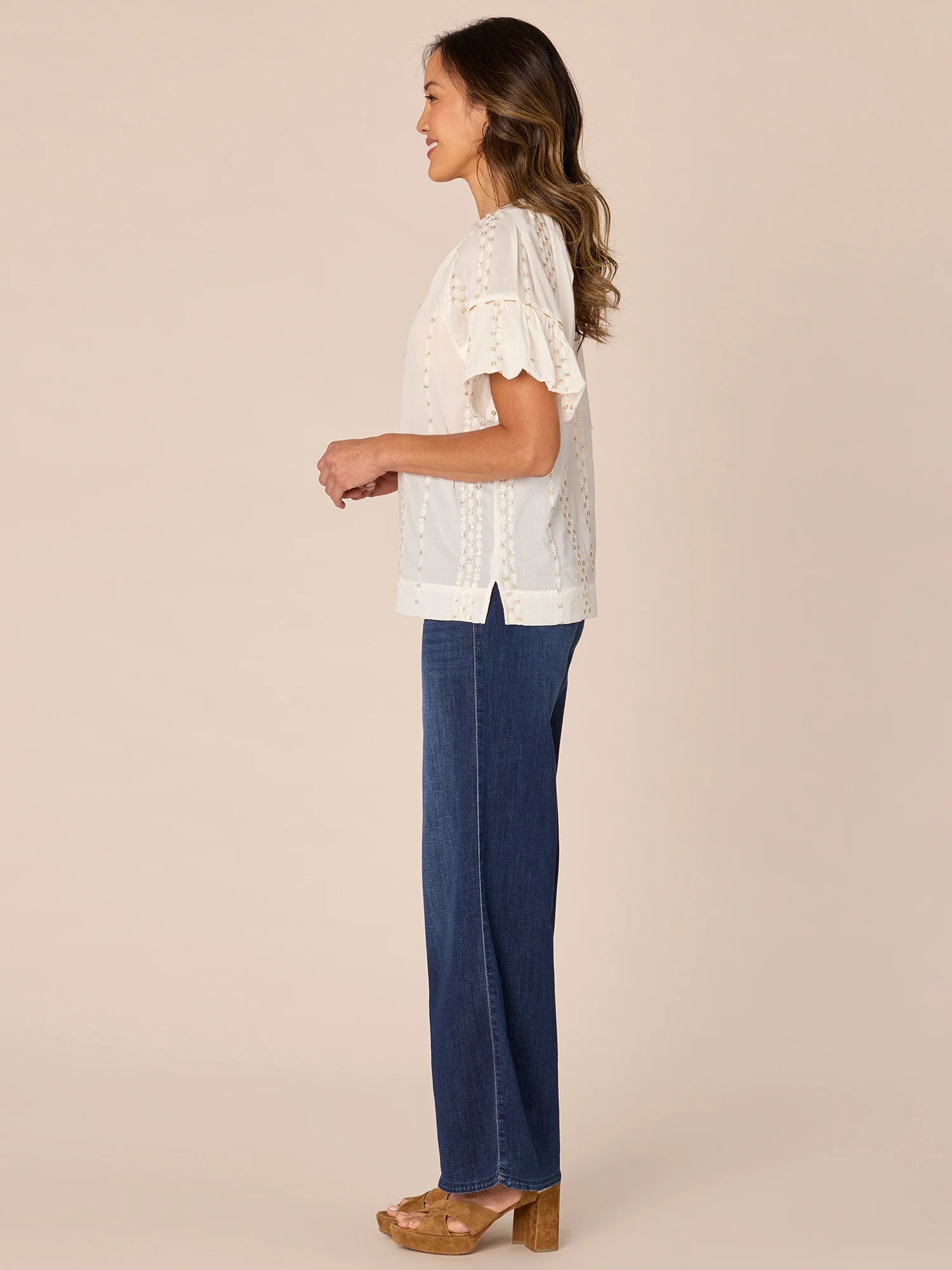 Short Bubble Sleeve Emb. Sequins Woven Top Ecru