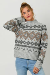 Oversize Fair Isle Mock Neck Sweater Grey Mix