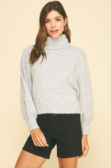 Fuzzy Balloon Sleeve Turtle Neck Sweater Heather Grey