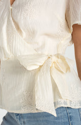 Wrap Front Side Tie Short Sleeve Top Cream