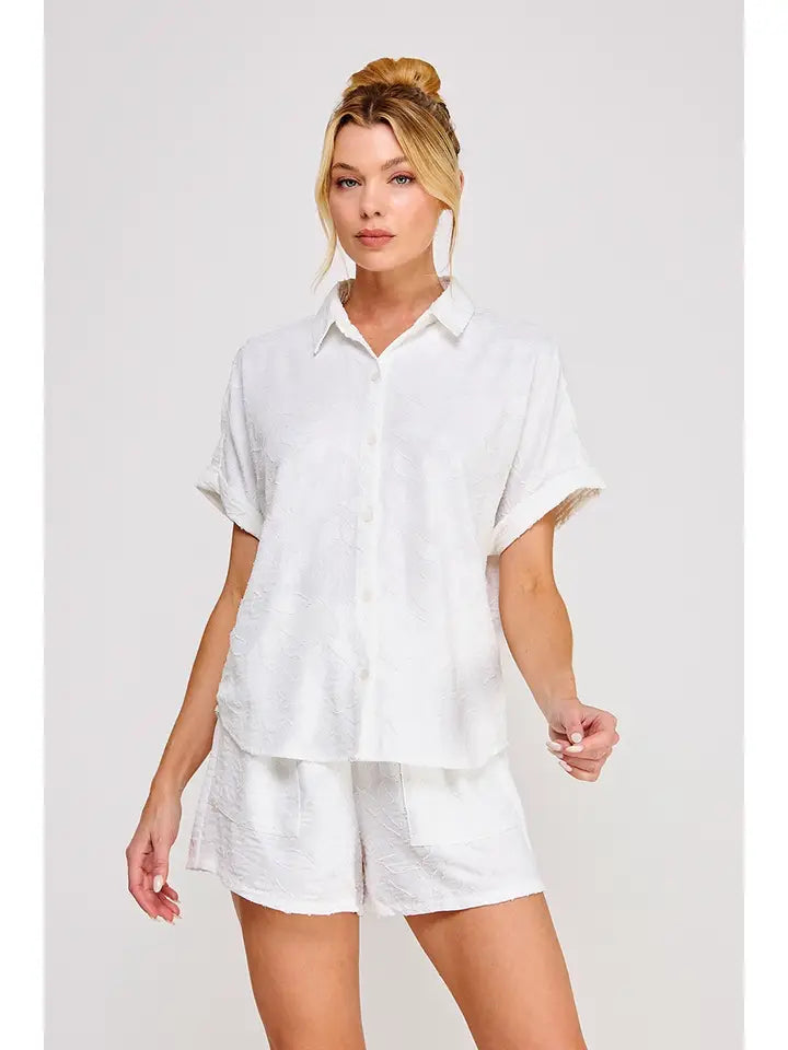 Breezy Jacquard Button Up Short Sleeve Shirt Off White