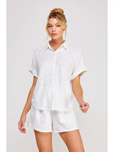 Breezy Jacquard Button Up Short Sleeve Shirt Off White