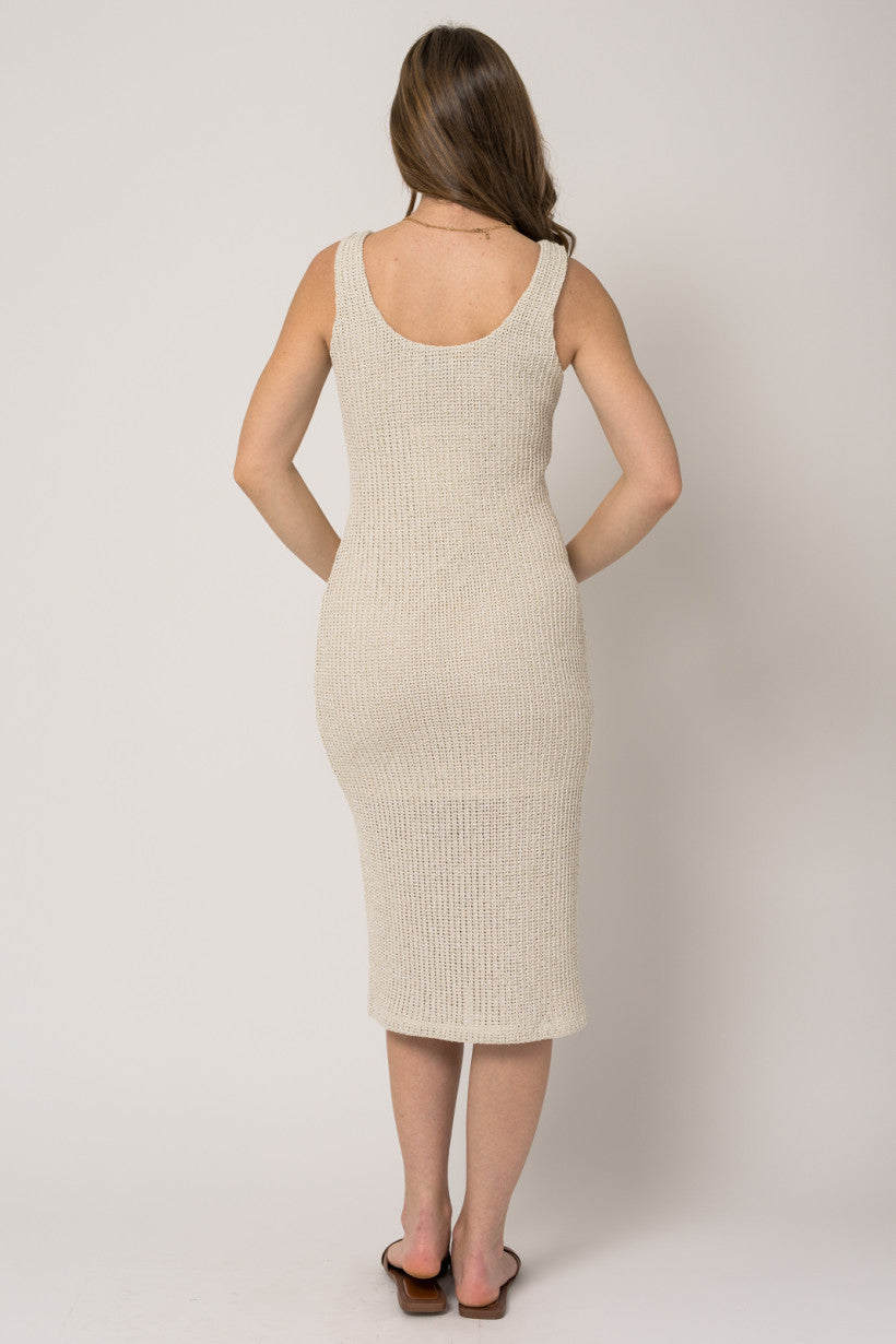 Sleeveless Vneck Knit Textured Midi Dress Natural