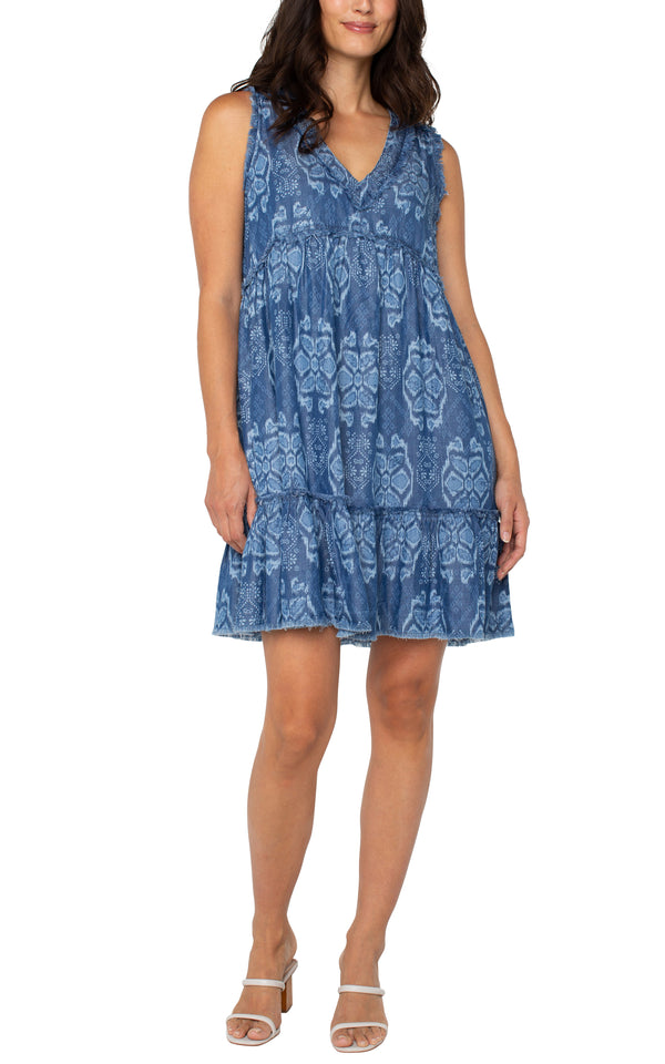 Fray Details Vneck Ruffle Dress Tribal Allover