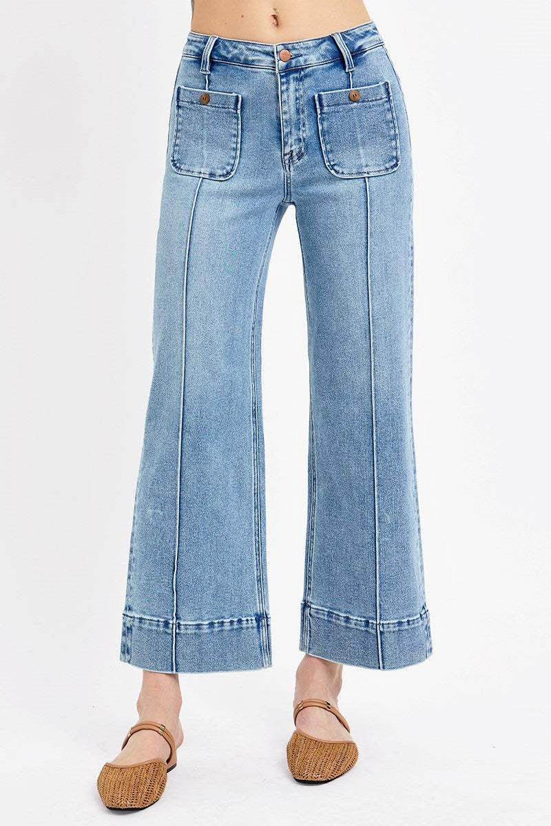 High Rise Pintuck Patch Pocket Crop Wide Leg Jeans Light