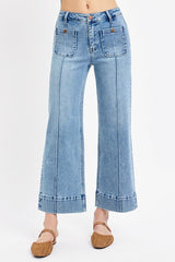 High Rise Pintuck Patch Pocket Crop Wide Leg Jeans Light
