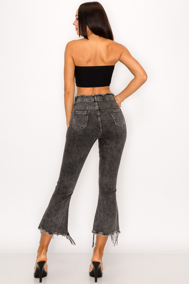 Crystal Fringe Button Fly Jeans Charcoal
