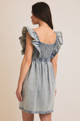 Ruffle Sleeve Square Neck Denim Dress Denim