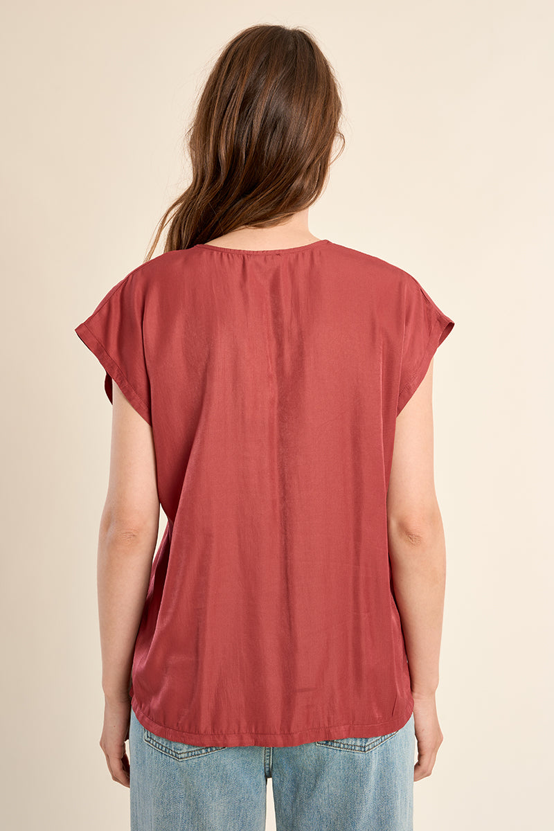 Flowy Vneck Wide Trim Top Terracotta