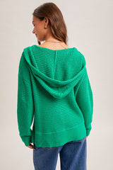 Loose Fit Vneck Open Knit Sweater Hoodie Green