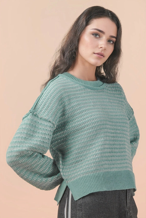 Two Tone Textured Knit Sweater Sage