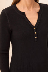 Button Detail Henley Long Sleeve Top Black
