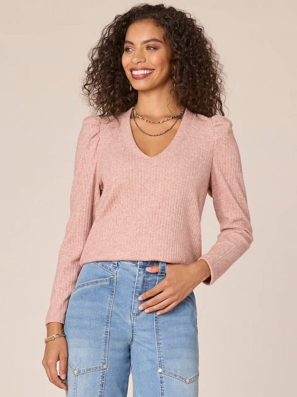 Puff Shoulder Long Sleeve Shirtail Hem Top Heather Mauve Rose