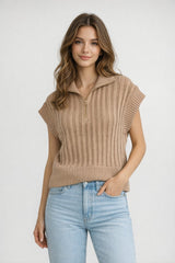 Open Knit 3/4 Zip Sweater Vest Mocha
