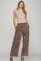 Leopard Print Twill Washed Tie Waist Pants Brown