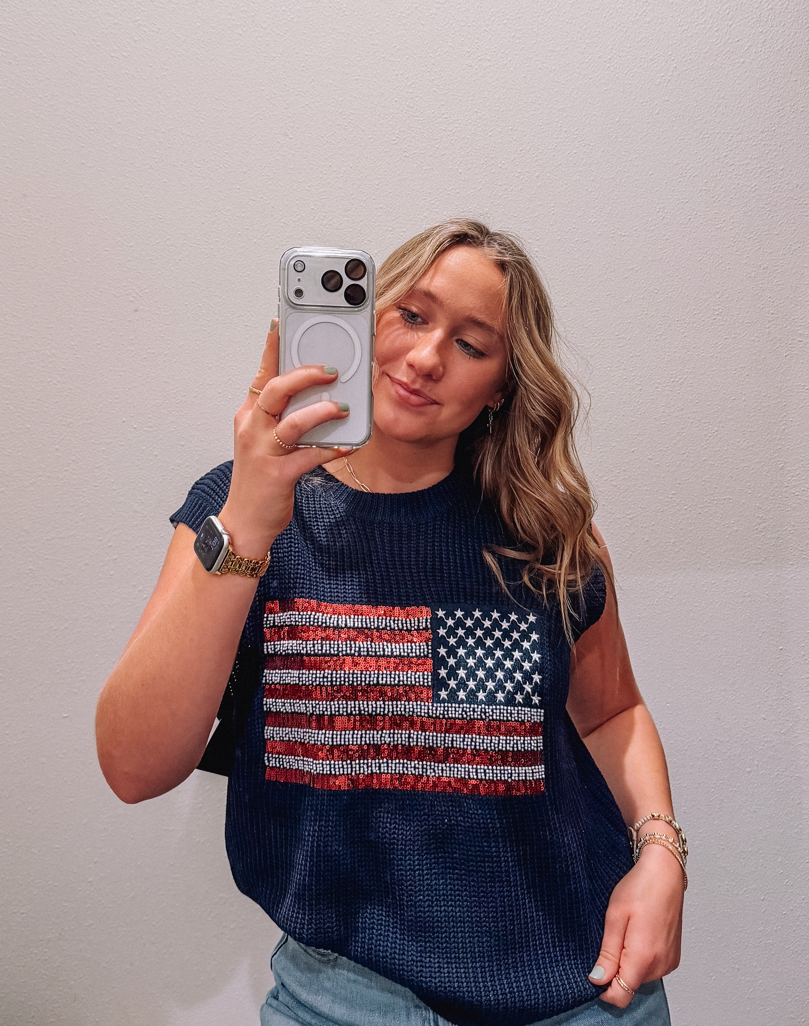 Sequin USA Flag Cap Sleeve Sweater Navy