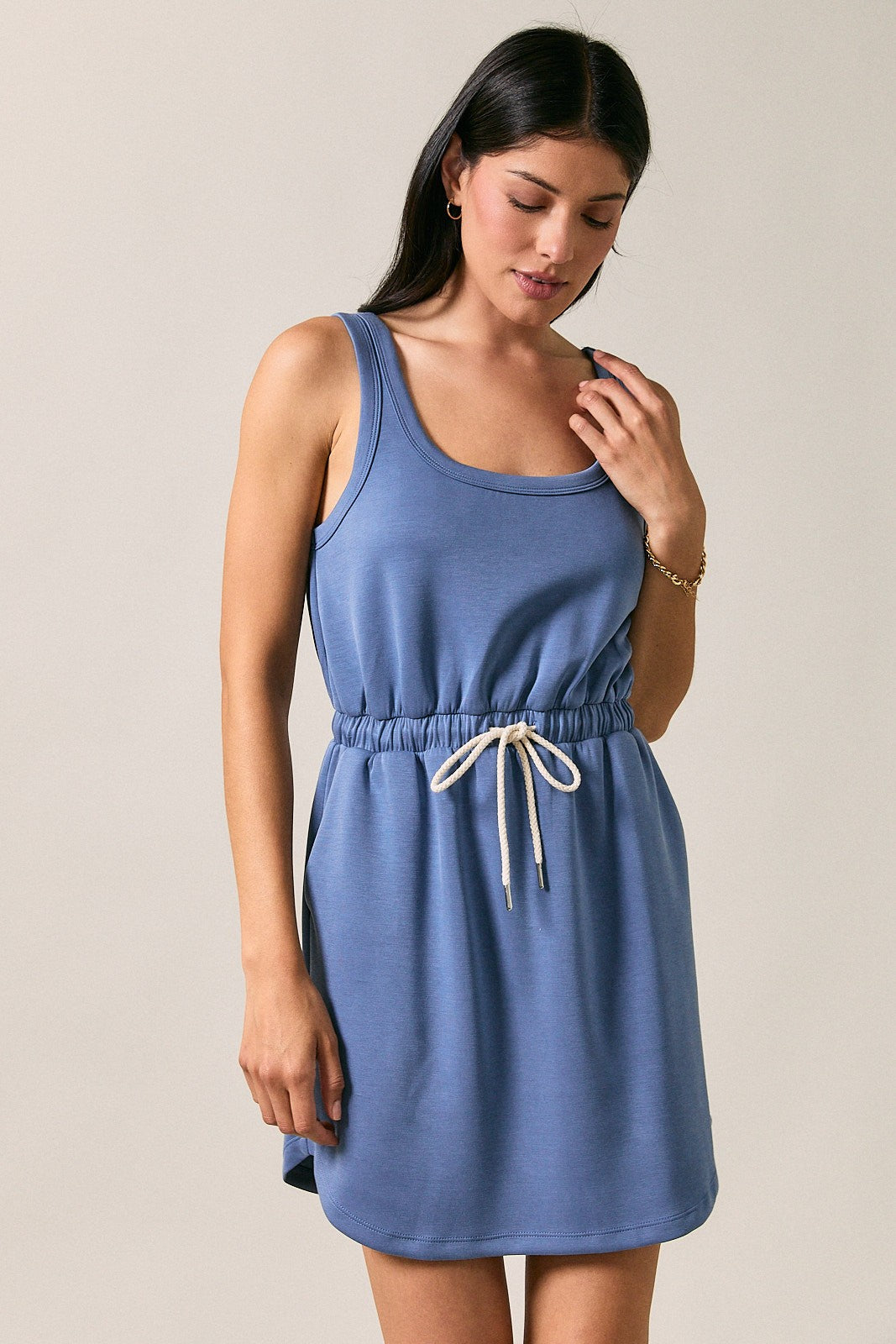 Scoop Neck Sleeveless Drawstring Waist Mini Dress Denim Blue