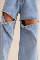 Cut Front Crystal Washed Denim Jeans Light Wash