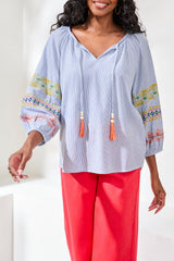 Embroidered Raglan Sleeve Tassel Tie Blouse Baja Blue