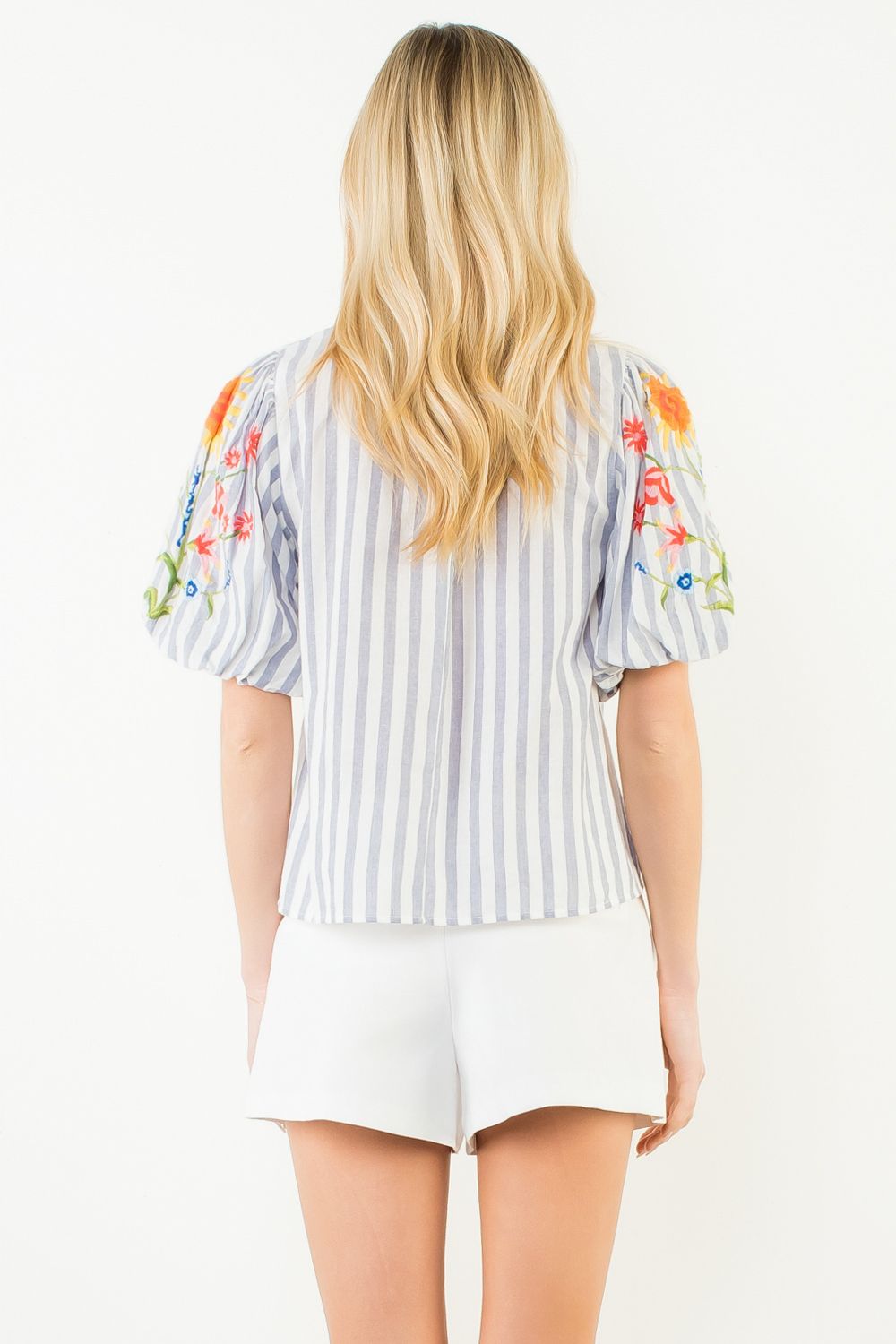 Embroidered Floral Stems Puff Sleeve Stripe Top Blue