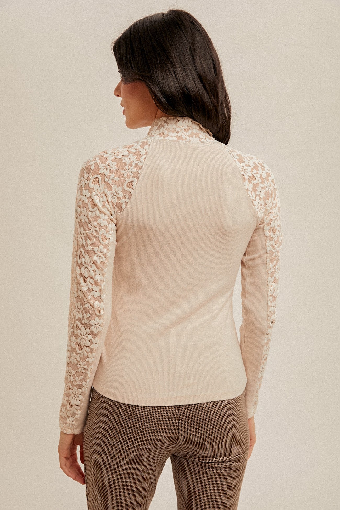 Mock Neck Lace Long Sleeve Shirt Ecru