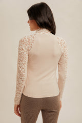 Mock Neck Lace Long Sleeve Shirt Ecru