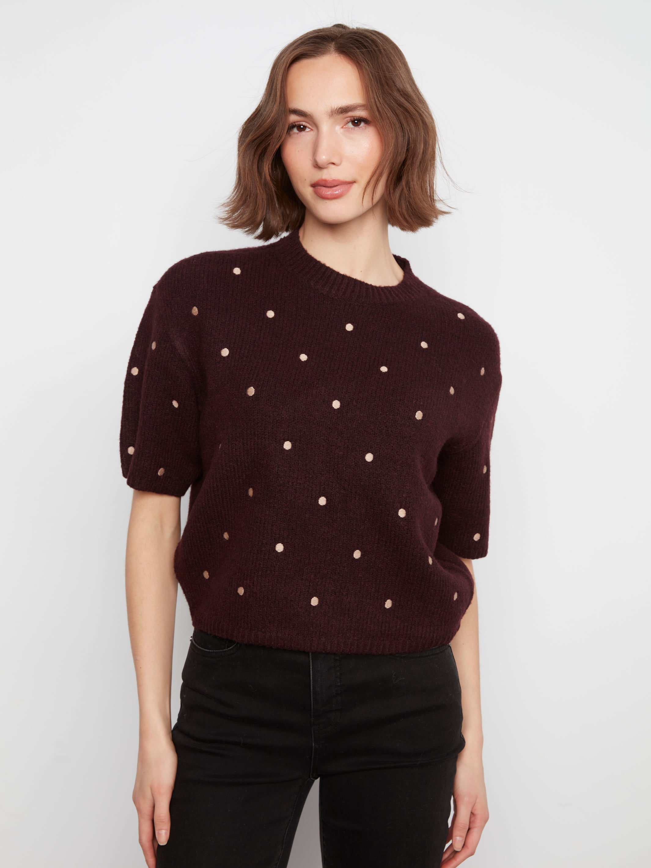 Embroidered Polka Dots Elbow Sleeve Sweater Wine