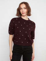 Embroidered Polka Dots Elbow Sleeve Sweater Wine