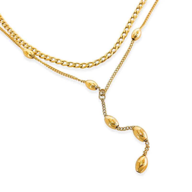 WR  Double Layer Curb Chain Beaded Lariat Necklace