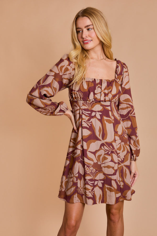 Square Neck Shirred Floral Puff Sleeve Mini Dress Burgundy Floral