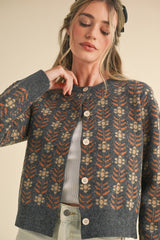Floral Jacquard Button up Sweater Cardi Charcoal