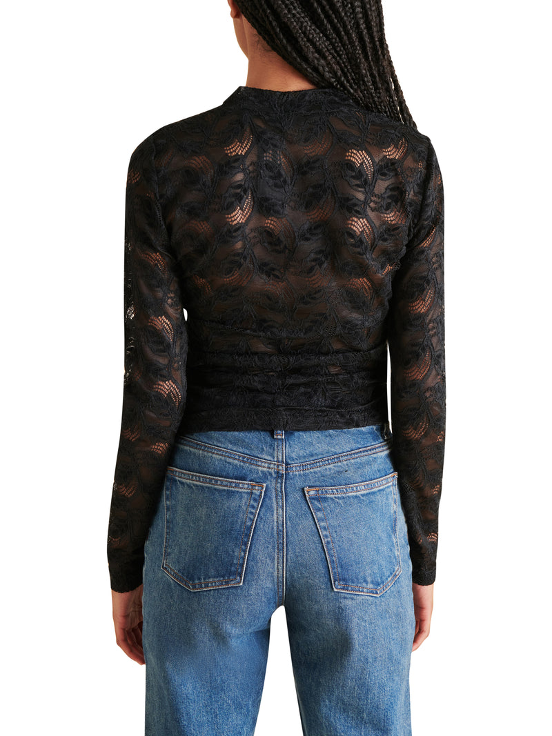 Cherie Mock Neck Side Ruching Lace Sleeve Top Black