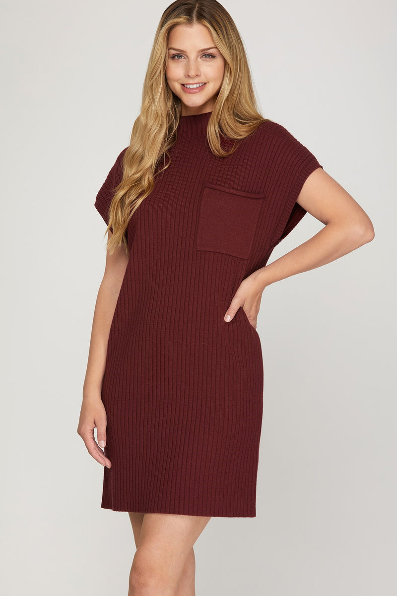 Mock Neck Front Pocket Sweater Dress Wine