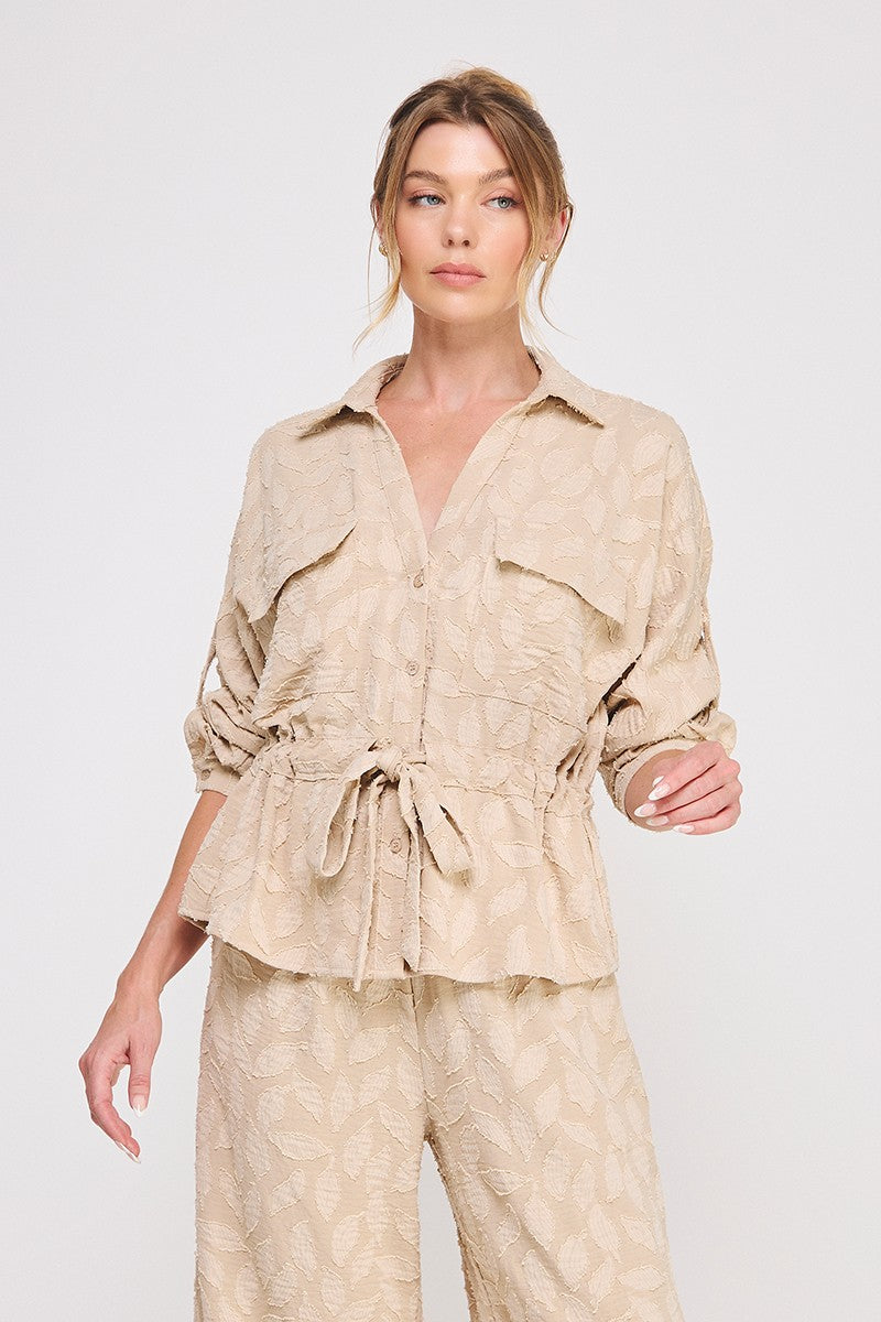 Jacquard Utility Tie Waist Top Taupe